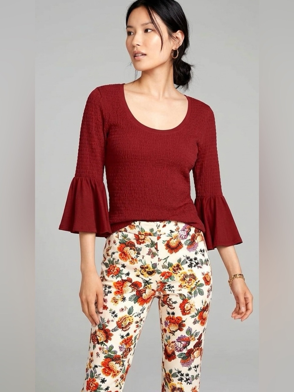 Anthropologie‎ Smocked Scoop Neck Bell Sleeve Top Maroon Red Medium